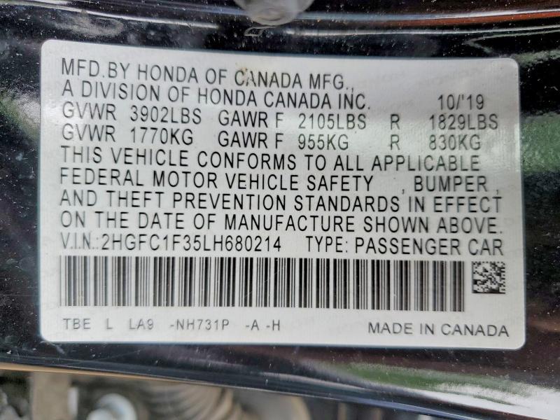 Продаж на аукціоні авто 2020 Honda Civic, vin: 2HGFC1F35LH680214, номер лоту: 54276066