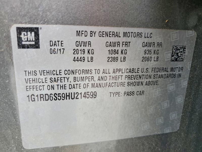 55109896 :رقم المزاد ، 1G1RD6S59HU214599 vin ، 2017 Chevrolet Volt مزاد بيع