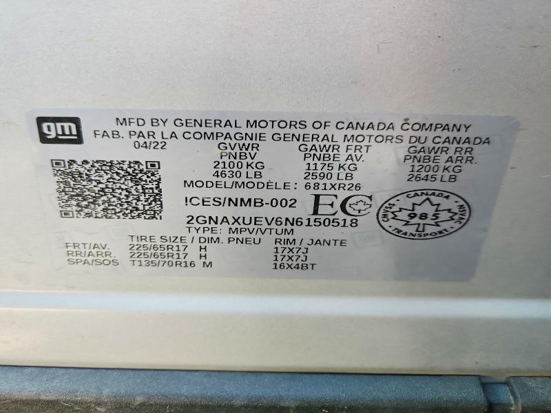 Продаж на аукціоні авто 2022 Chevrolet Equinox, vin: 2GNAXUEV6N6150518, номер лоту: 52766476
