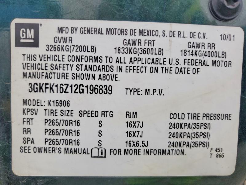 2002 Gmc Yukon Xl მანქანა იყიდება აუქციონზე, vin: 3GKFK16Z12G196839, აუქციონის ნომერი: 54991946
