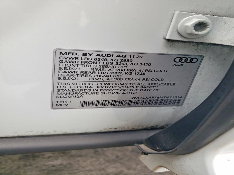 2021 Audi Q7 მანქანა იყიდება აუქციონზე, vin: WA1LXAF78MD021514, აუქციონის ნომერი: 53831496