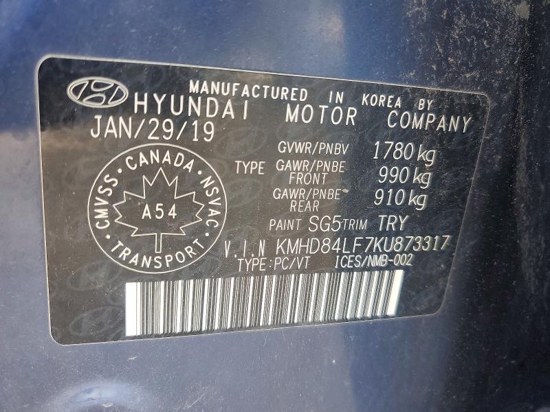 Продажа на аукционе авто 2019 Hyundai Elantra, vin: KMHD84LF7KU873317, номер лота: 52226156
