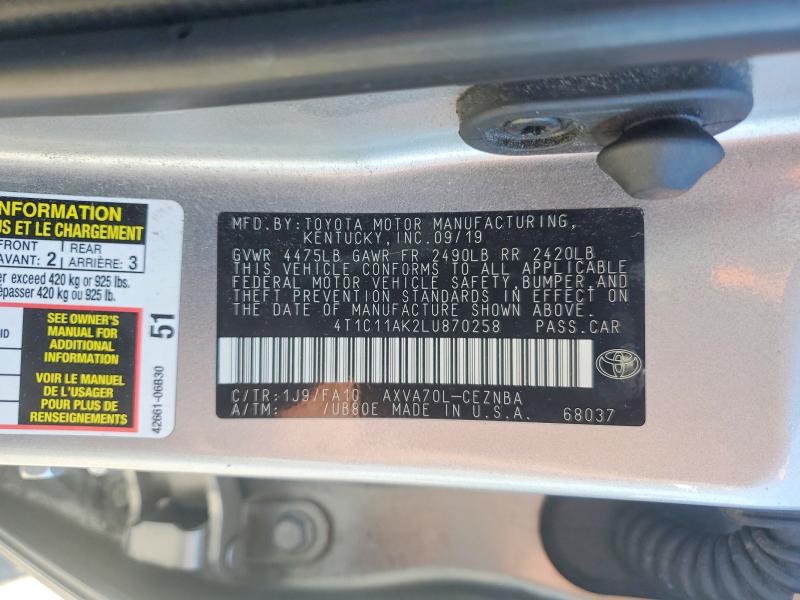 52395926 :رقم المزاد ، 4T1C11AK2LU870258 vin ، 2020 Toyota Camry مزاد بيع