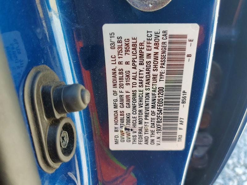2015 Honda Civic მანქანა იყიდება აუქციონზე, vin: 19XFB2F54FE051200, აუქციონის ნომერი: 55310346