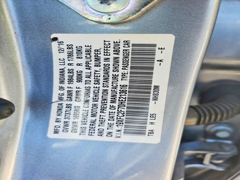 2017 Honda Civic მანქანა იყიდება აუქციონზე, vin: 19XFC2F70HE213616, აუქციონის ნომერი: 54556696
