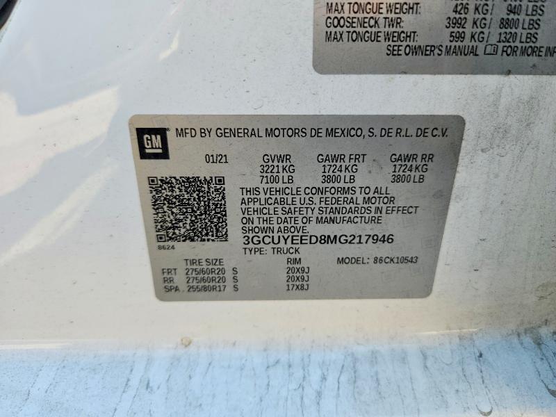 Aukcja sprzedaży 2021 Chevrolet Silverado, vin: 3GCUYEED8MG217946, numer aukcji: 53895626