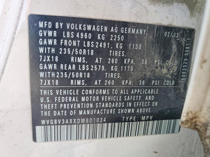 2013 Volkswagen Tiguan მანქანა იყიდება აუქციონზე, vin: WVGBV3AXXDW601034, აუქციონის ნომერი: 55138146