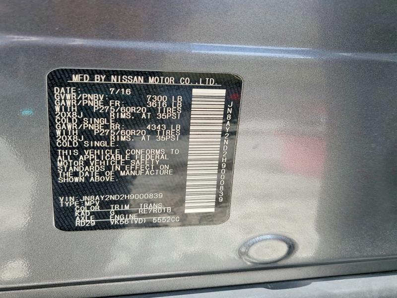 Продажа на аукционе авто 2017 Nissan Armada, vin: JN8AY2ND2H9000839, номер лота: 54539536