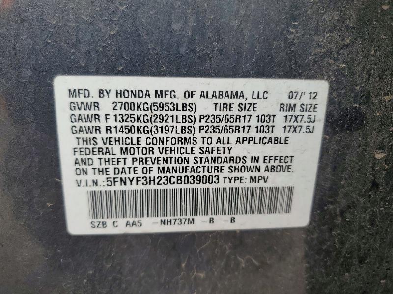 51801656 :رقم المزاد ، 5FNYF3H23CB039003 vin ، 2012 Honda Pilot مزاد بيع