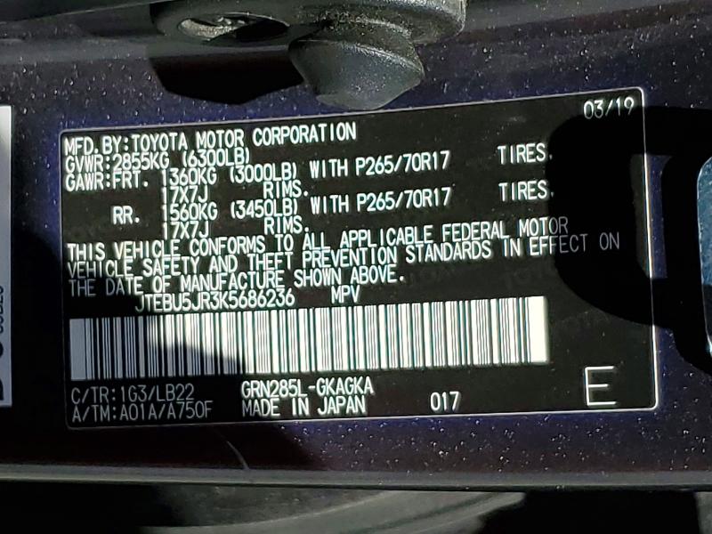 Продажа на аукционе авто 2019 Toyota 4runner, vin: JTEBU5JR3K5686236, номер лота: 54011086