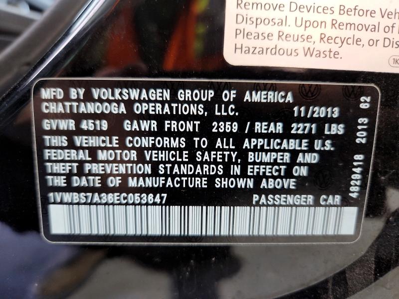 55153736 :رقم المزاد ، 1VWBS7A36EC053647 vin ، 2014 Volkswagen Passat مزاد بيع