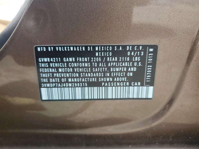2013 Volkswagen Jetta მანქანა იყიდება აუქციონზე, vin: 3VWDP7AJ4DM296315, აუქციონის ნომერი: 54262006