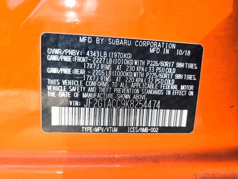 53738286 :رقم المزاد ، JF2GTACC9K8254474 vin ، 2019 Subaru Crosstrek مزاد بيع
