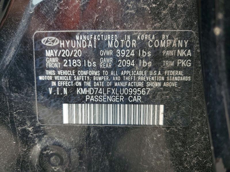 2020 Hyundai Elantra მანქანა იყიდება აუქციონზე, vin: KMHD74LFXLU099567, აუქციონის ნომერი: 54875656