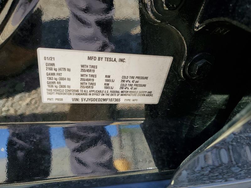 2021 Tesla Model Y მანქანა იყიდება აუქციონზე, vin: 5YJYGDED2MF107365, აუქციონის ნომერი: 53598166
