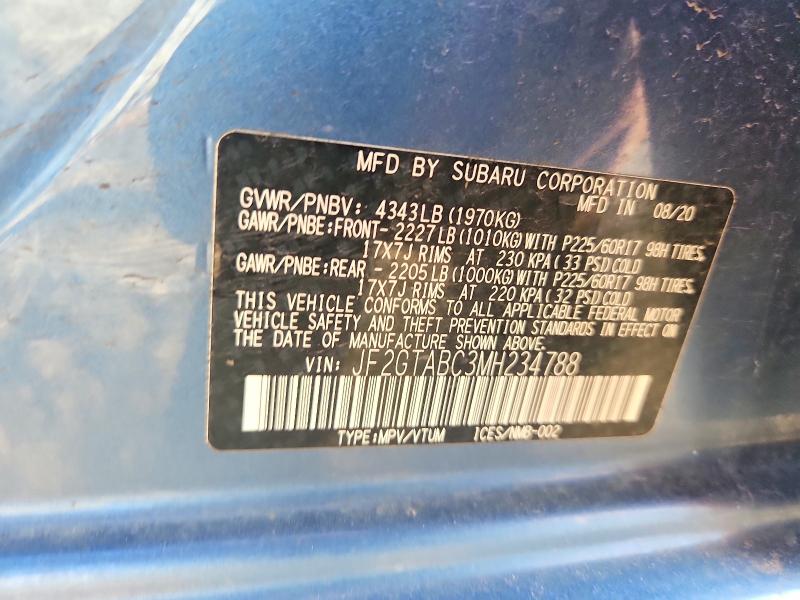 2021 Subaru Crosstrek მანქანა იყიდება აუქციონზე, vin: JF2GTABC3MH234788, აუქციონის ნომერი: 54253276