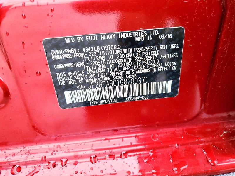52089636 :رقم المزاد ، JF2GPABC1G8280371 vin ، 2016 Subaru Crosstrek مزاد بيع