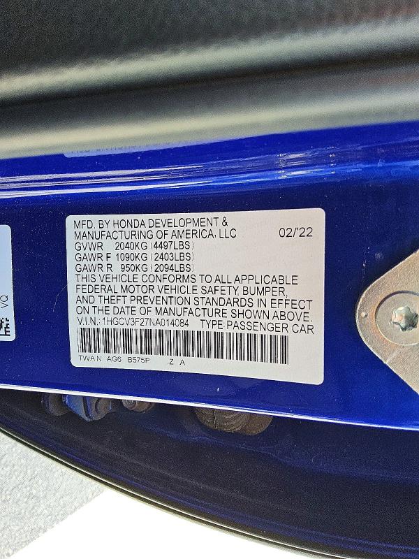 53757756 :رقم المزاد ، 1HGCV3F27NA014084 vin ، 2022 Honda Accord مزاد بيع