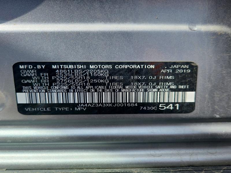 Aukcja sprzedaży 2019 Mitsubishi Outlander, vin: JA4AZ3A3XKJ001684, numer aukcji: 54000106