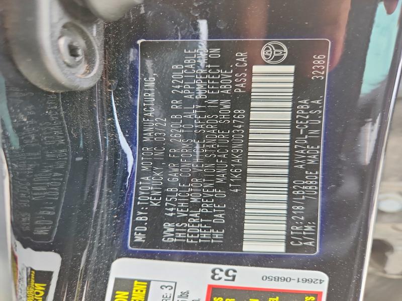 2022 Toyota Camry მანქანა იყიდება აუქციონზე, vin: 4T1K61AK9NU034768, აუქციონის ნომერი: 51901846