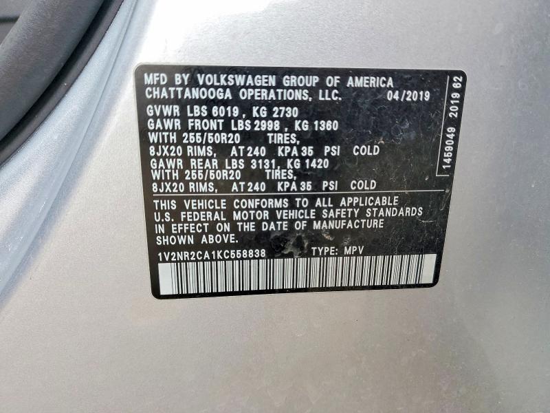 2019 Volkswagen Atlas მანქანა იყიდება აუქციონზე, vin: 1V2NR2CA1KC558838, აუქციონის ნომერი: 52515966