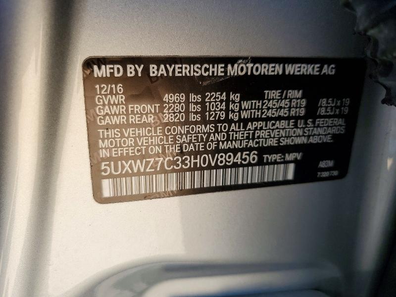 52997286 :رقم المزاد ، 5UXWZ7C33H0V89456 vin ، 2017 Bmw X3 مزاد بيع