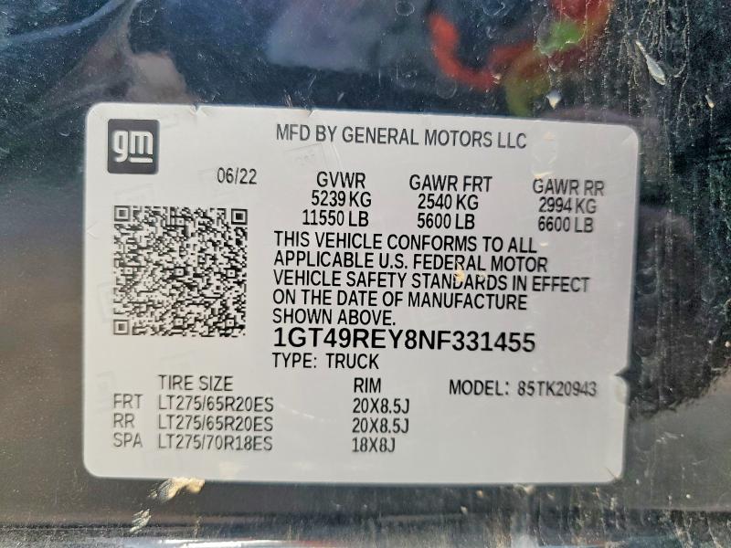 74902215 :رقم المزاد ، 1GT49REY8NF331455 vin ، 2022 Gmc Sierra K2500 Denali مزاد بيع