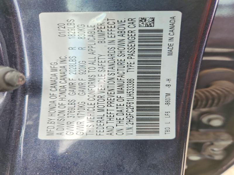 2020 Honda Civic მანქანა იყიდება აუქციონზე, vin: 2HGFC2F61LH533386, აუქციონის ნომერი: 53314636