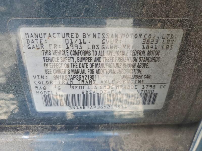 Продаж на аукціоні авто 2016 Nissan Sentra, vin: 3N1AB7AP3GY219511, номер лоту: 53953036