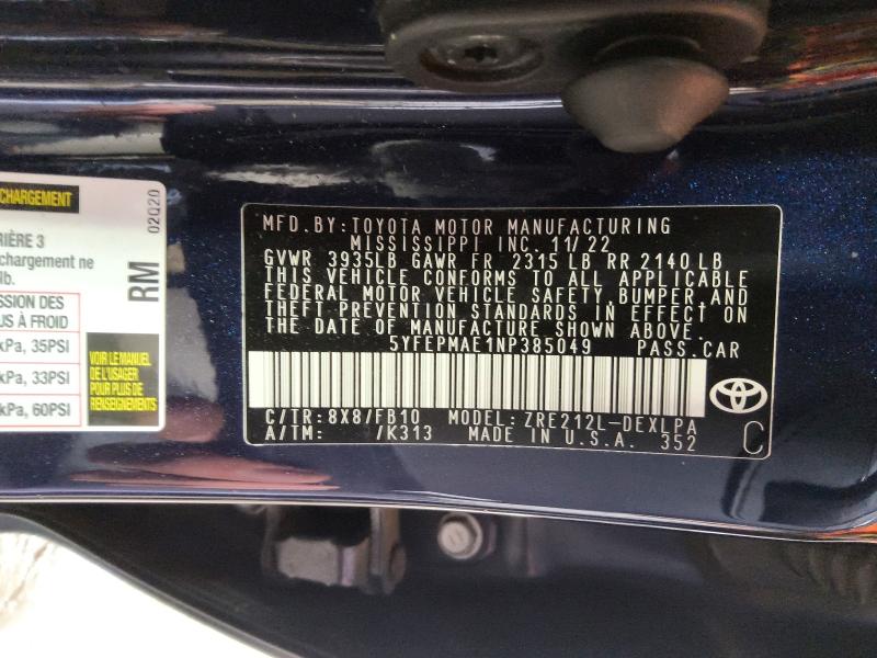 Aukcja sprzedaży 2022 Toyota Corolla, vin: 5YFEPMAE1NP385049, numer aukcji: 54156606