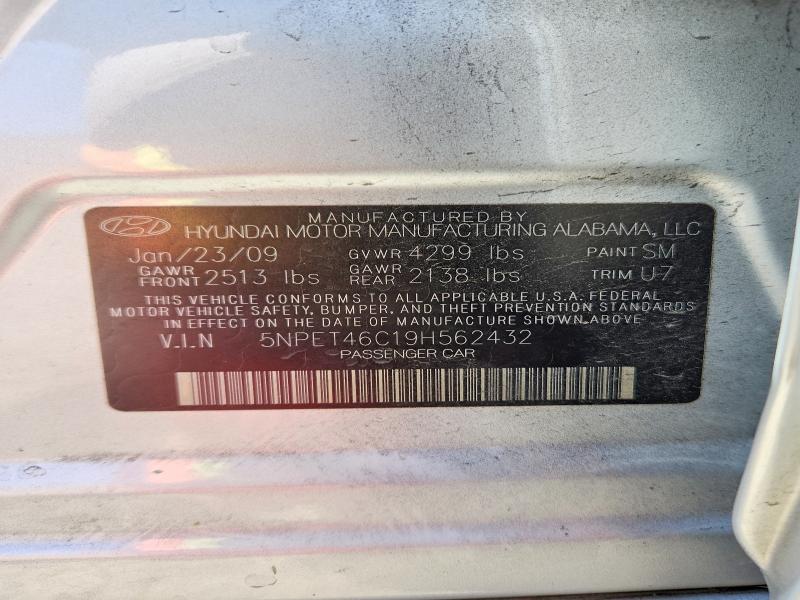 2009 Hyundai Sonata მანქანა იყიდება აუქციონზე, vin: 5NPET46C19H562432, აუქციონის ნომერი: 54677526