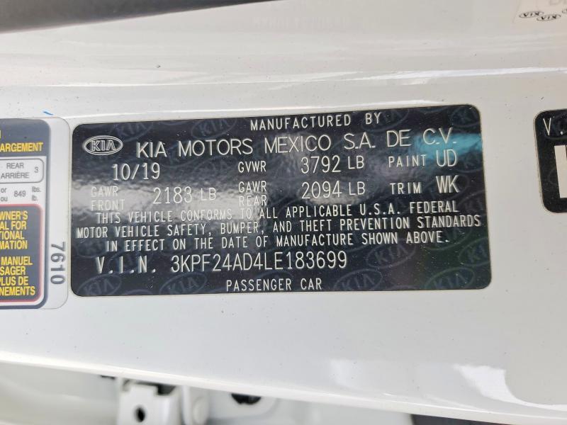 2020 Kia Forte მანქანა იყიდება აუქციონზე, vin: 3KPF24AD4LE183699, აუქციონის ნომერი: 54912846