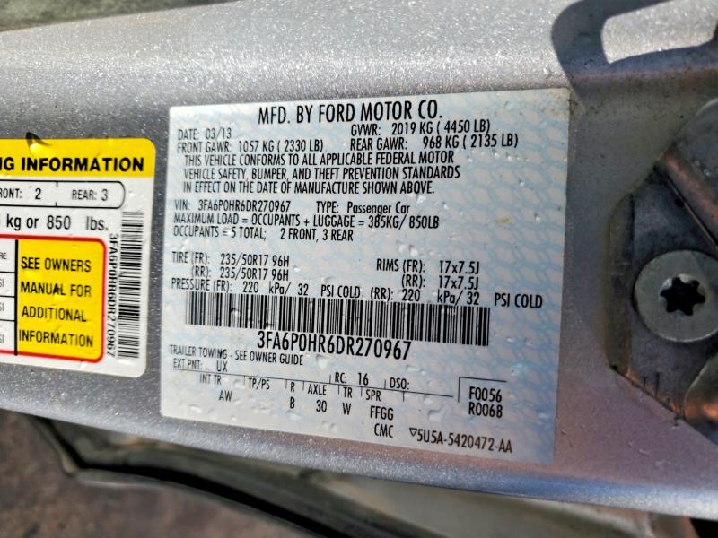 2013 Ford Fusion მანქანა იყიდება აუქციონზე, vin: 3FA6P0HR6DR270967, აუქციონის ნომერი: 52696006