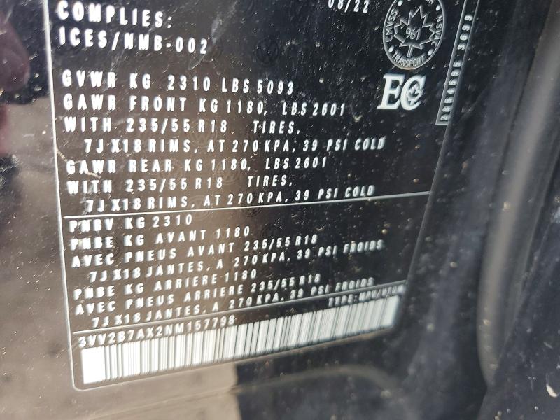 54599126 :رقم المزاد ، 3VV2B7AX2NM157798 vin ، 2022 Volkswagen Tiguan مزاد بيع