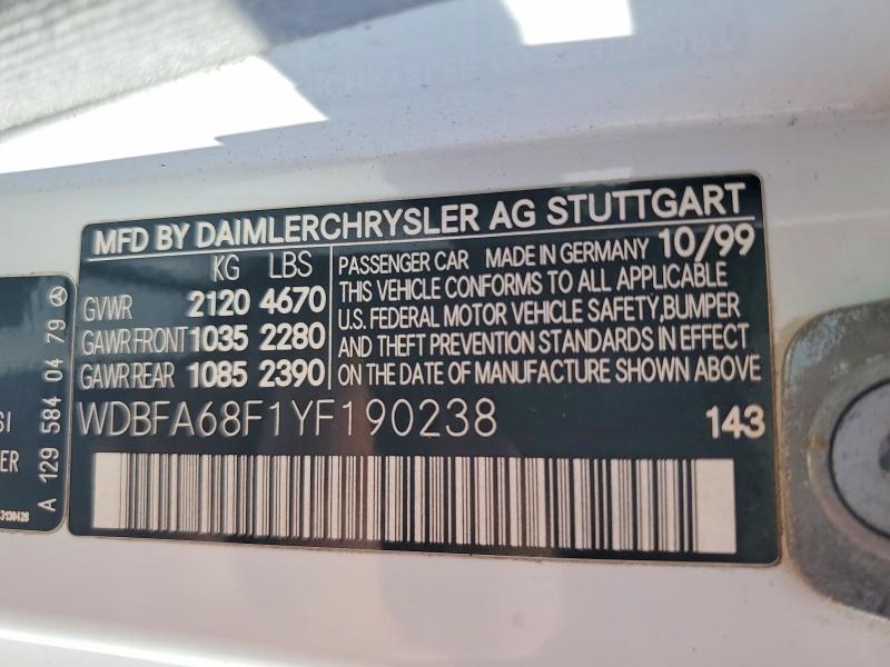 Aukcja sprzedaży 2000 Mercedes-benz Sl, vin: WDBFA68F1YF190238, numer aukcji: 54419936
