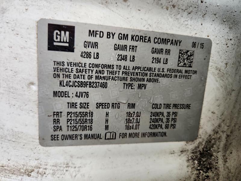 2015 Buick Encore მანქანა იყიდება აუქციონზე, vin: KL4CJCSB9FB237460, აუქციონის ნომერი: 54078476