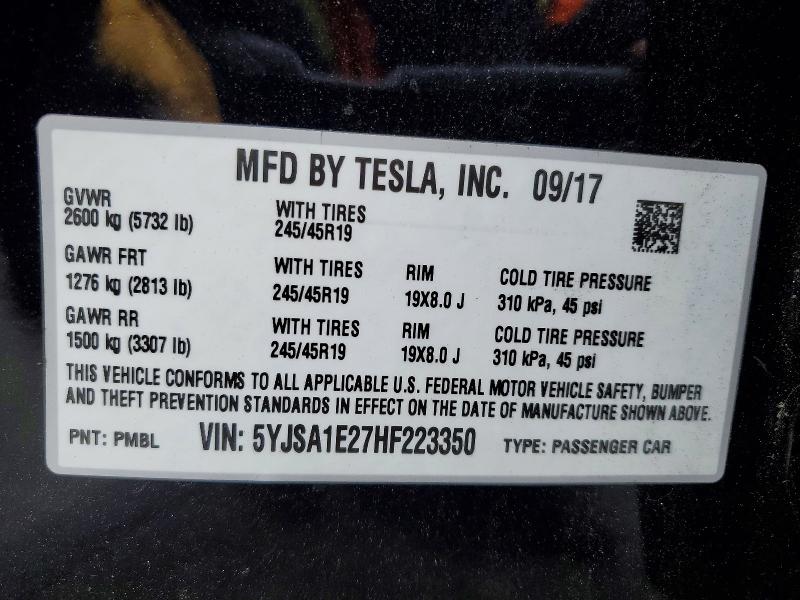 Продаж на аукціоні авто 2017 Tesla Model S, vin: 5YJSA1E27HF223350, номер лоту: 52494496