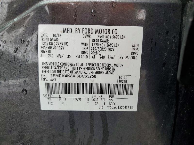 52416786 :رقم المزاد ، 2FMPK4K8XGBC65256 vin ، 2016 Ford Edge مزاد بيع