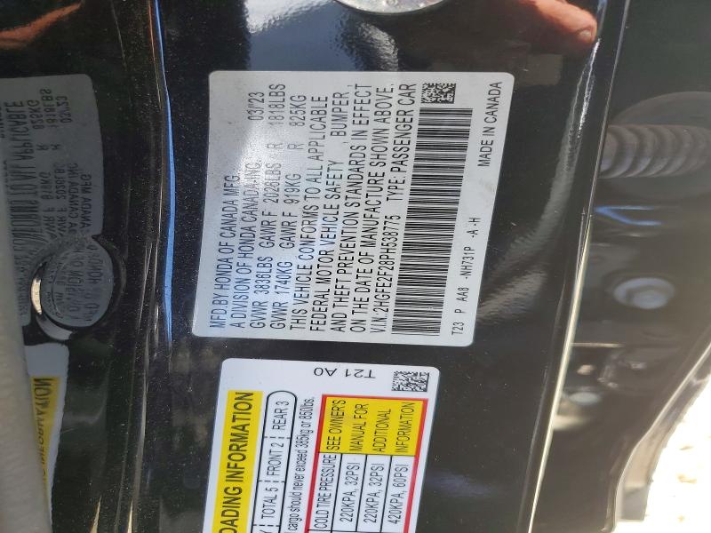 54199136 :رقم المزاد ، 2HGFE2F28PH538775 vin ، 2023 Honda Civic مزاد بيع
