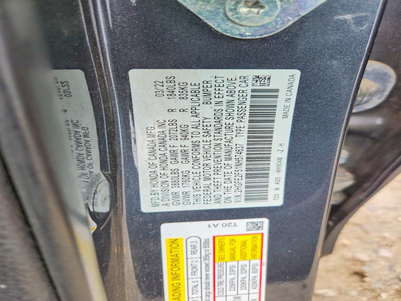 Продаж на аукціоні авто 2022 Honda Civic, vin: 2HGFE2F51NH574637, номер лоту: 54103126