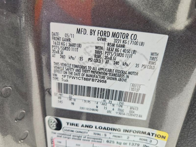 52378426 :رقم المزاد ، 1FTFW1CT8BFB72958 vin ، 2011 Ford F150 مزاد بيع