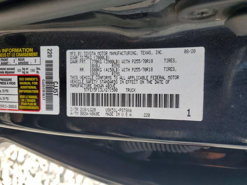 2020 Toyota Tundra მანქანა იყიდება აუქციონზე, vin: 5TFEY5F13LX271500, აუქციონის ნომერი: 54407626