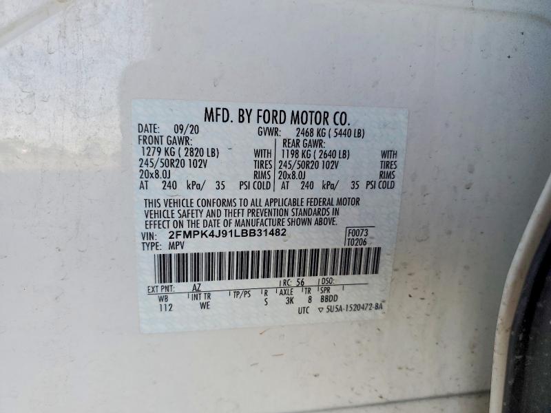 54461646 :رقم المزاد ، 2FMPK4J91LBB31482 vin ، 2020 Ford Edge مزاد بيع