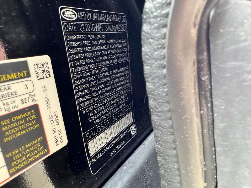 Aukcja sprzedaży 2020 Land Rover Range Rover, vin: SALGS2RU5LA402954, numer aukcji: 55992506