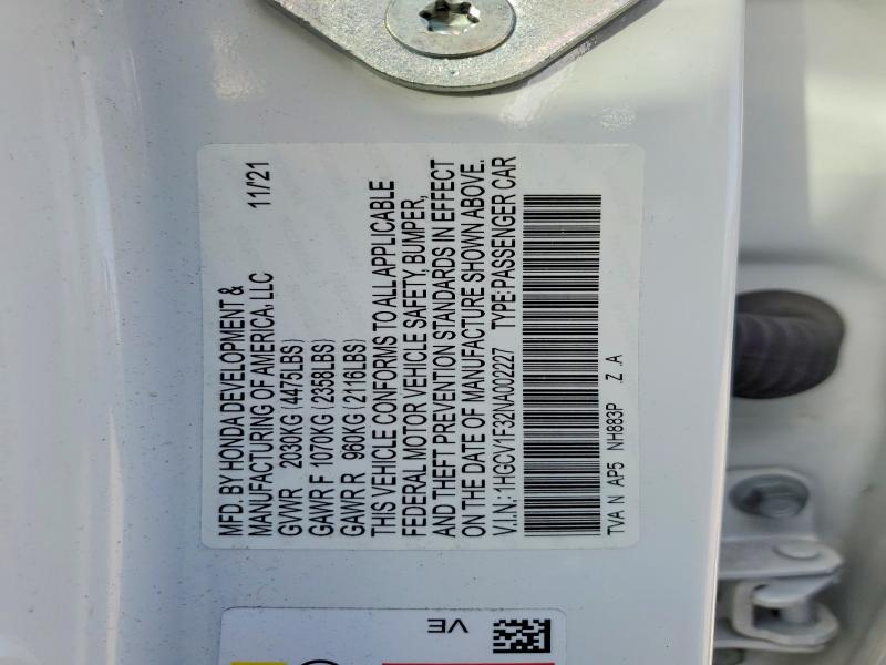 2022 Honda Accord მანქანა იყიდება აუქციონზე, vin: 1HGCV1F32NA002227, აუქციონის ნომერი: 53130396