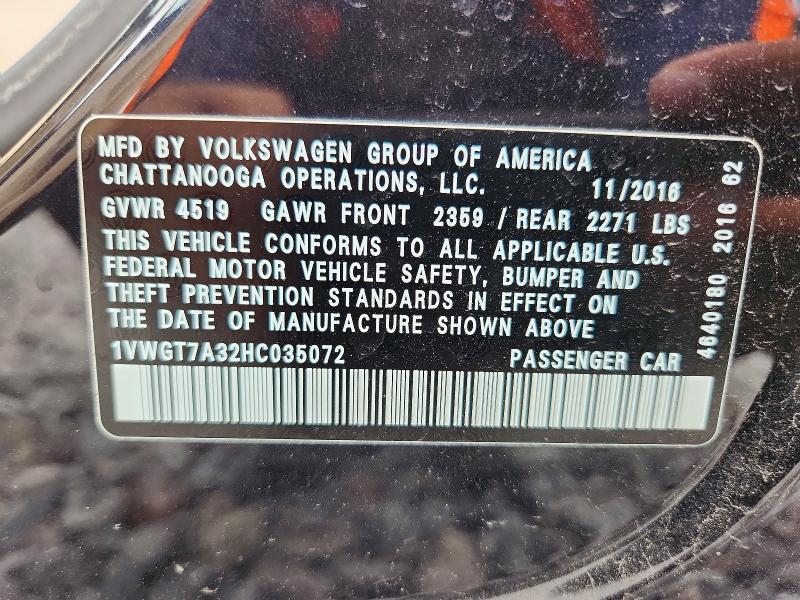 Aukcja sprzedaży 2017 Volkswagen Passat, vin: 1VWGT7A32HC035072, numer aukcji: 53613556