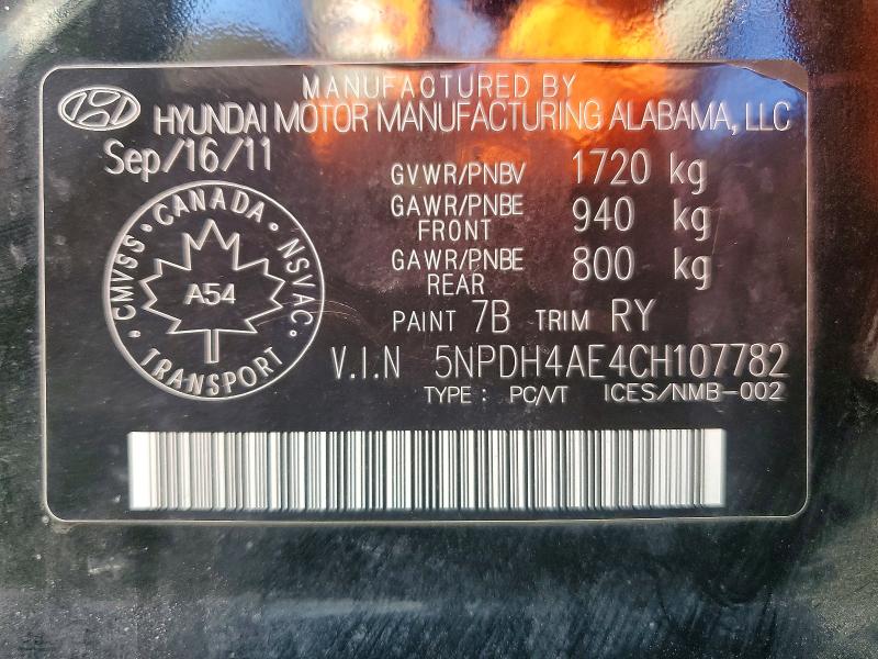 52533216 :رقم المزاد ، 5NPDH4AE4CH107782 vin ، 2012 Hyundai Elantra مزاد بيع