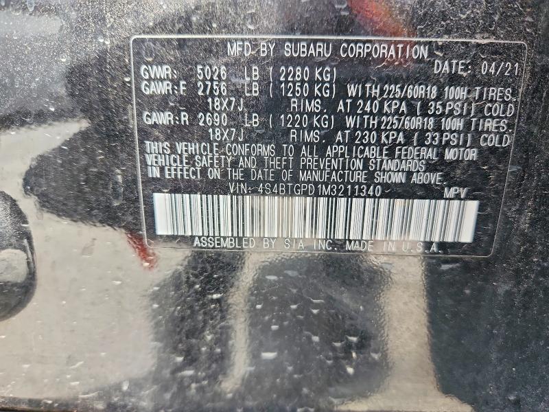 Aukcja sprzedaży 2021 Subaru Outback, vin: 4S4BTGPD1M3211340, numer aukcji: 53621726