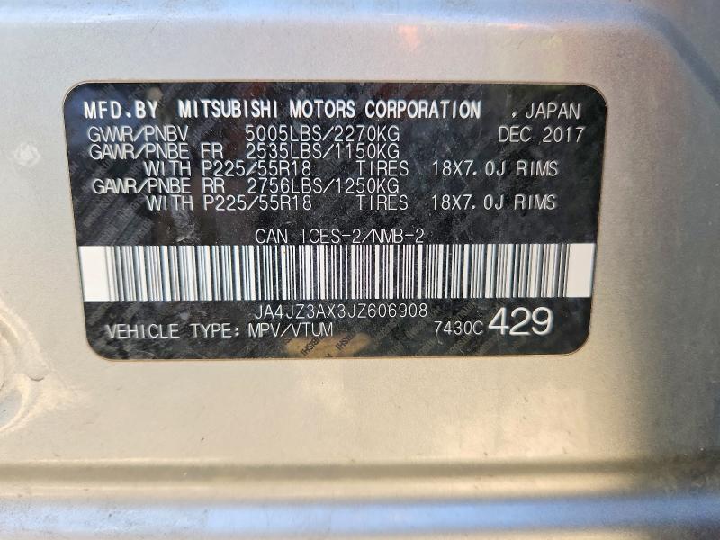 2018 Mitsubishi Outlander მანქანა იყიდება აუქციონზე, vin: JA4JZ3AX3JZ606908, აუქციონის ნომერი: 52510256