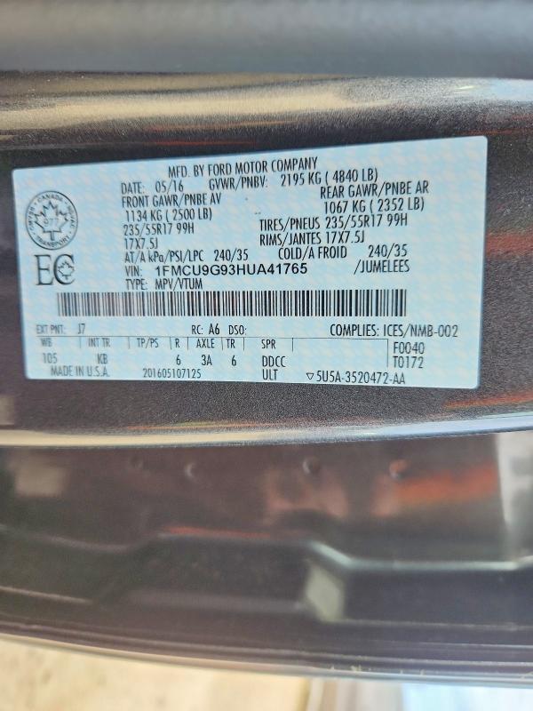 53051046 :رقم المزاد ، 1FMCU9G93HUA41765 vin ، 2017 Ford Escape مزاد بيع